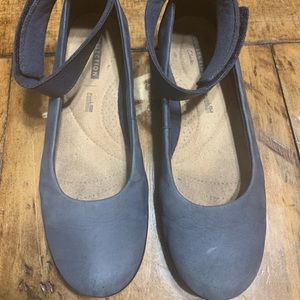 Navy suede Clarks flats with ankle strap W8